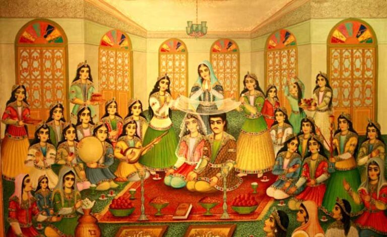 Traditional Persian-style miniature paintings in Lahore showcasing cultural wedding scenes with intricate details and vibrant colors.