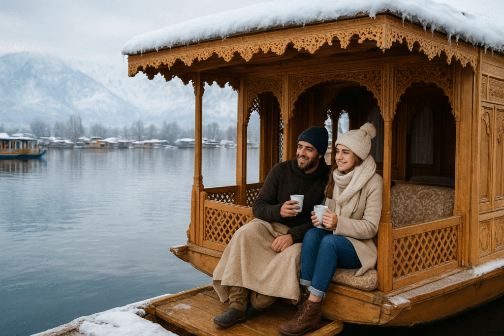 Tourists enjoying a cozy houseboat stay on Dal Lake in winter