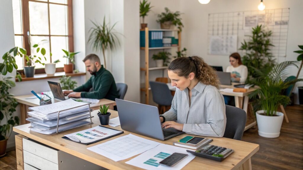 Employees working on laptops at desks in a bright, modern office filled with paperwork, charts, and indoor plants.