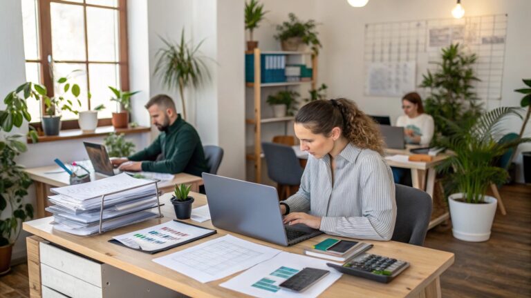 Employees working on laptops at desks in a bright, modern office filled with paperwork, charts, and indoor plants.