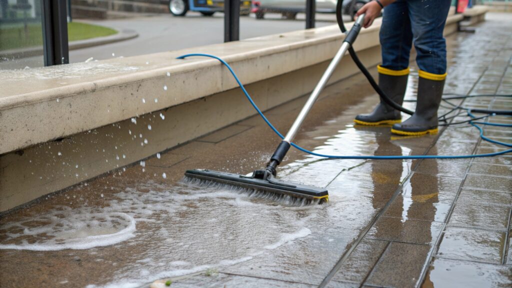 A worker wearing rubber boots uses a professional water extraction tool to remove standing water and soap from an outdoor tiled surface after cleaning, showing effective water removal in progress.