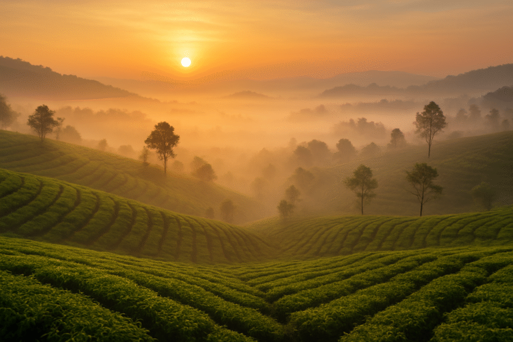 Misty sunrise over tea plantations from Raahghar stay