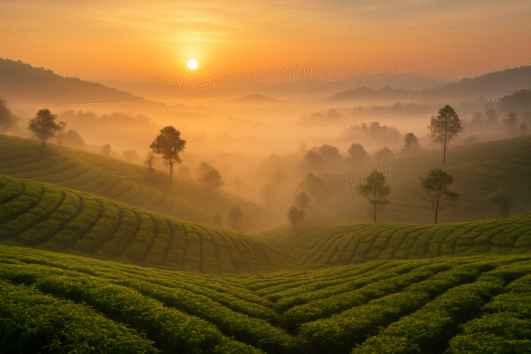Misty sunrise over tea plantations from Raahghar stay