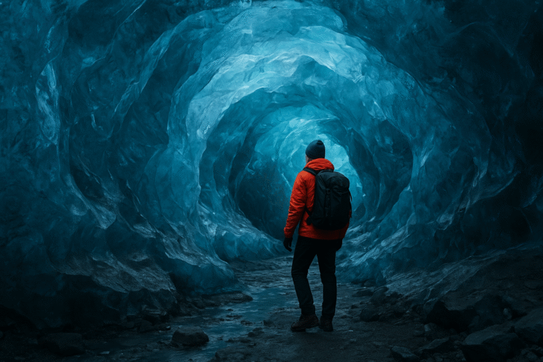 Traveler exploring ice cave during Iceland Tours